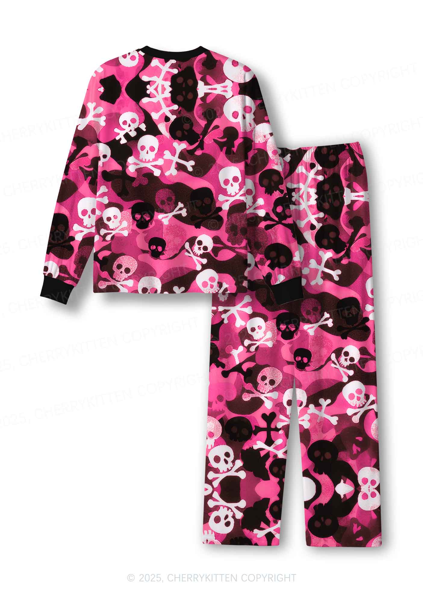 Halloween Pink Camouflage Skull Y2K Print Long Sleeve Pajama Set Cherrykitten