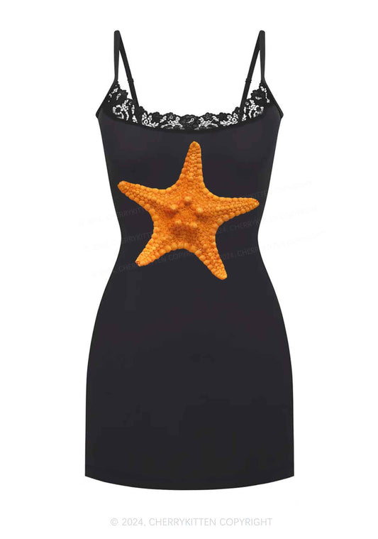 Yellow Starfish Y2K Lace Slip Dress Cherrykitten