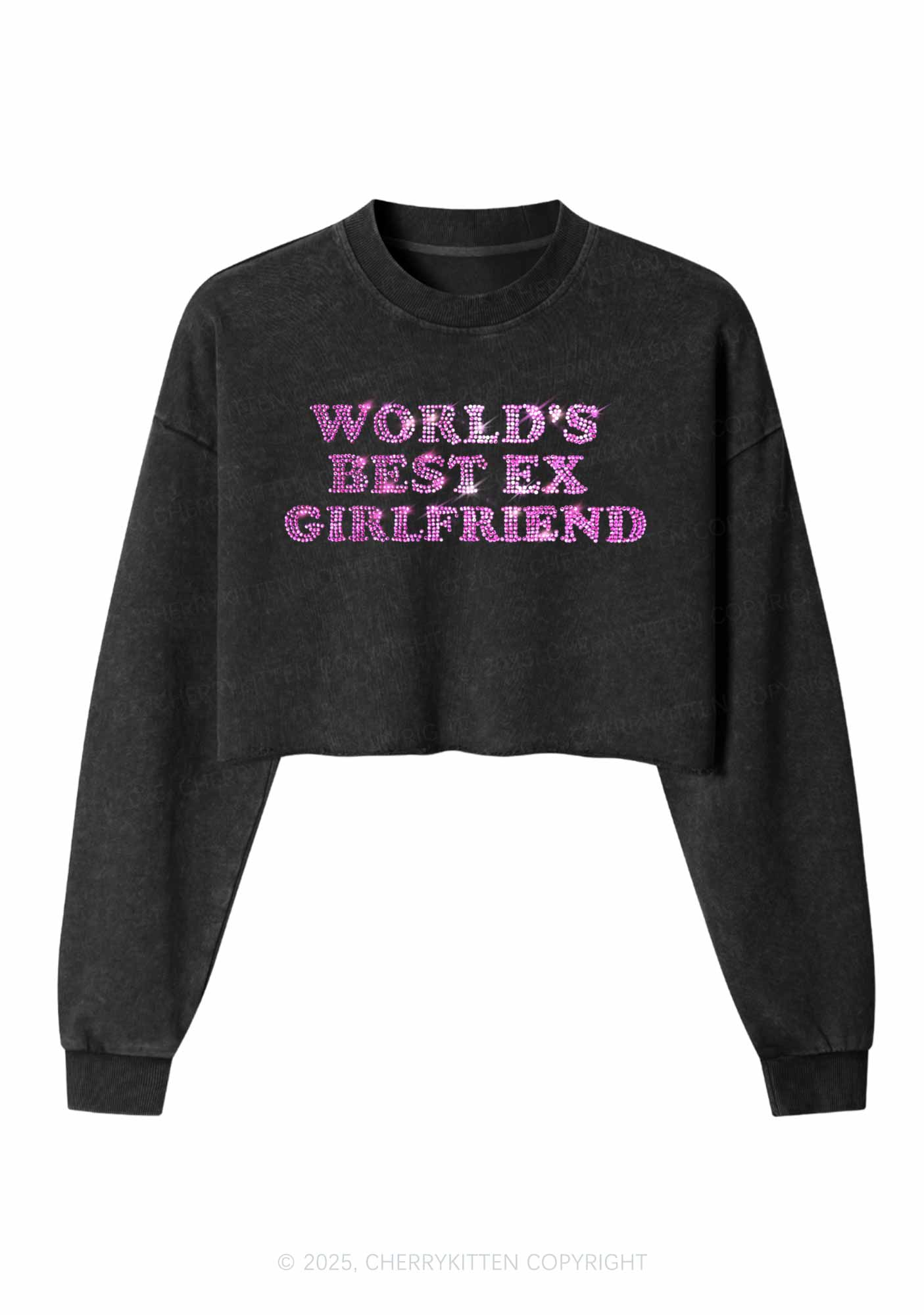 Rhinestone Best Ex Girlfriend Y2K Crop Washed Sweatshirts Cherrykitten