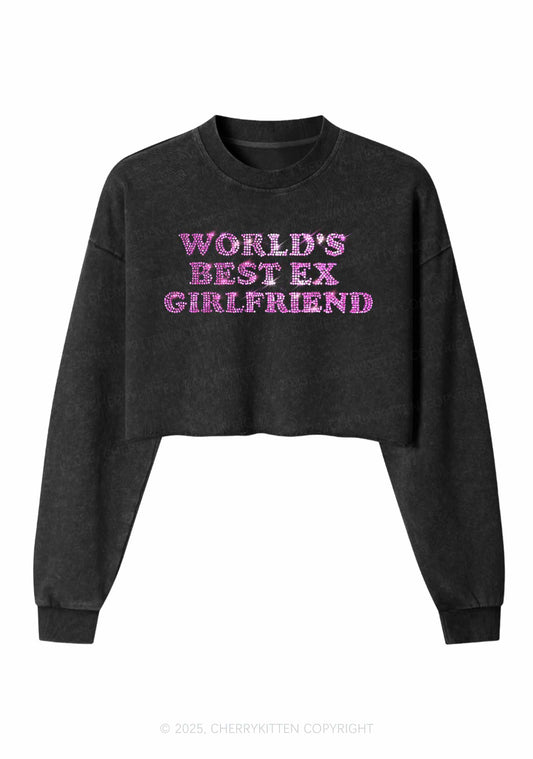 Rhinestone Best Ex Girlfriend Y2K Crop Washed Sweatshirts Cherrykitten