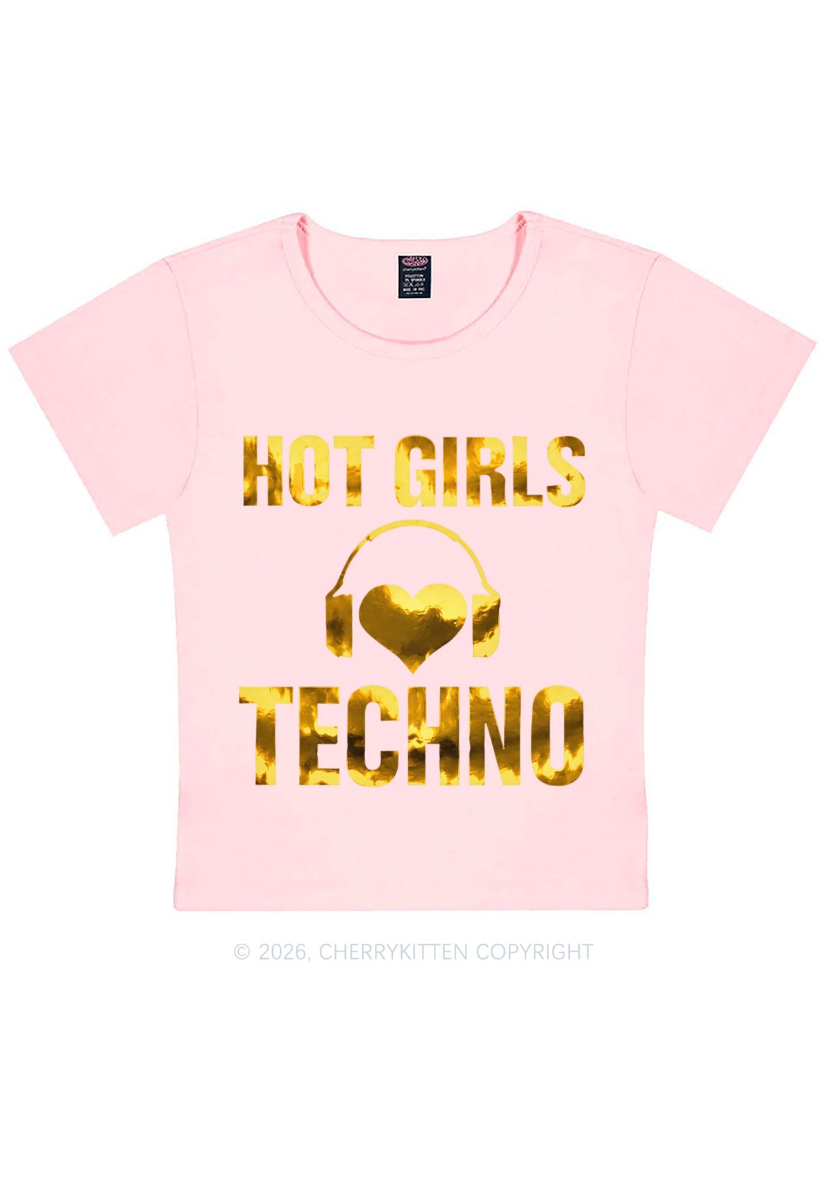 Hot Girls Love Techno Silver Foil Printed Y2K Baby Tee Cherrykitten