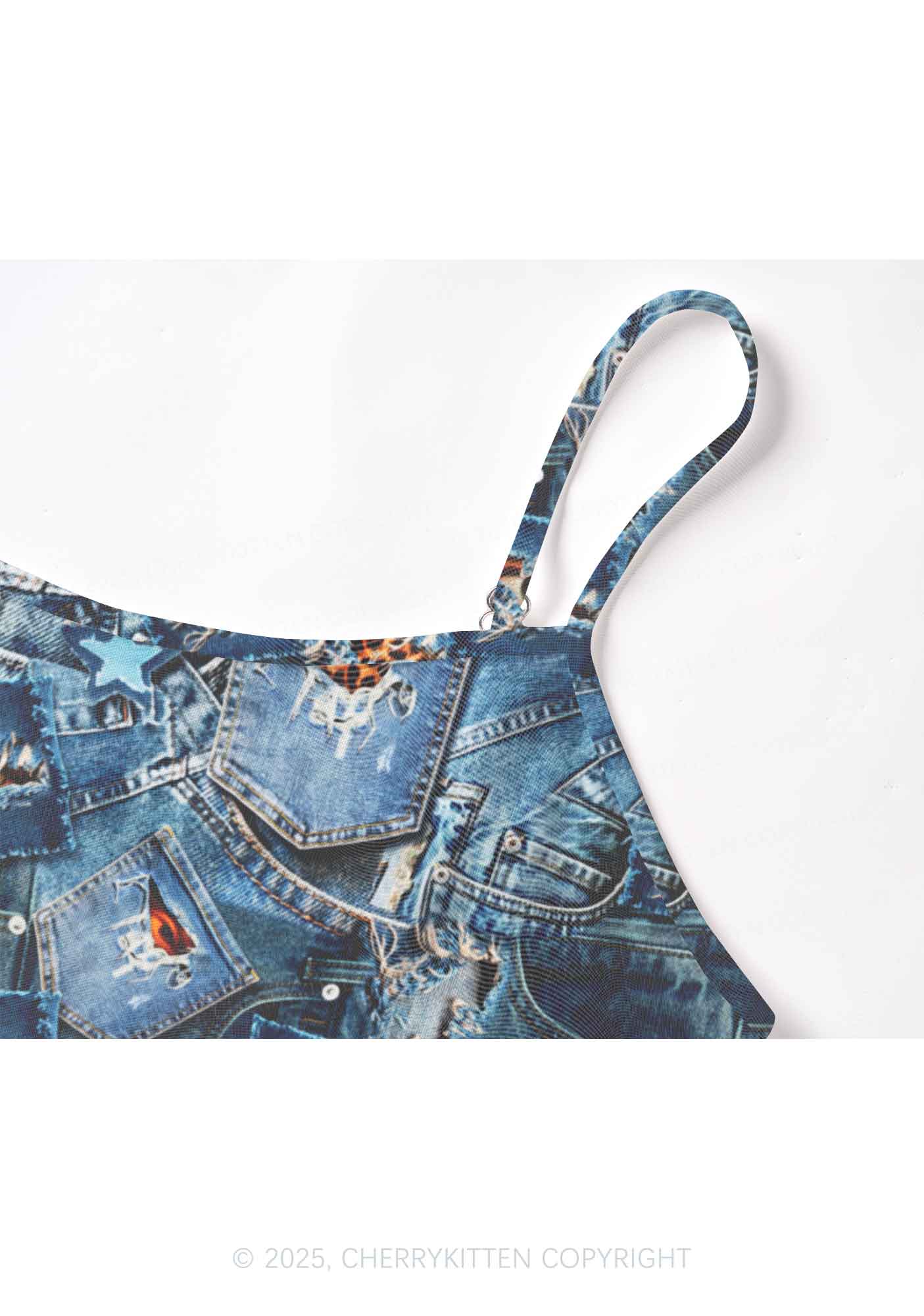 Denim Patchwork Y2K Mesh Cami Tank Cherrykitten