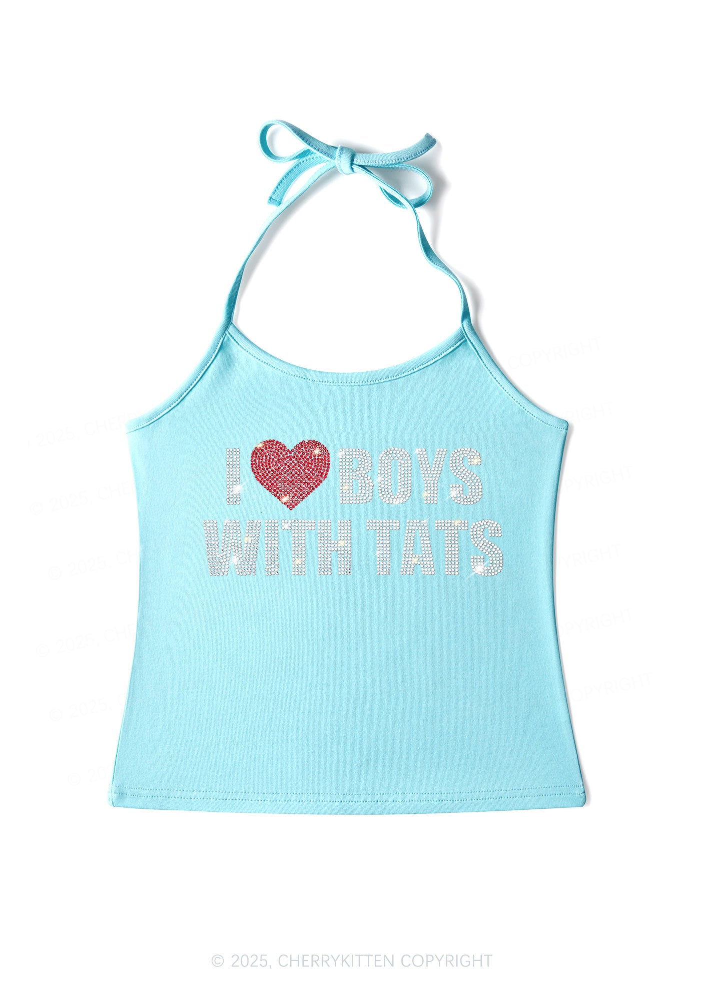 Rhinestone I Love Boys With Tats Y2K Halter Neck Cami Cherrykitten