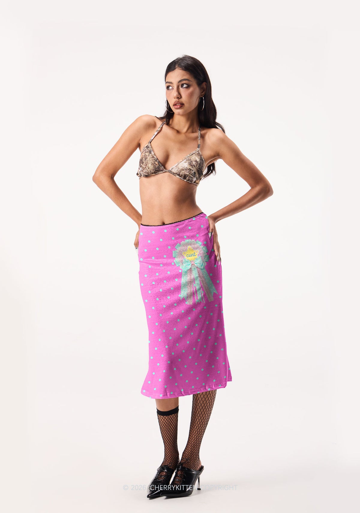 Cxxt Bow Badge Dots Y2K Print Midi Skirt Cherrykitten