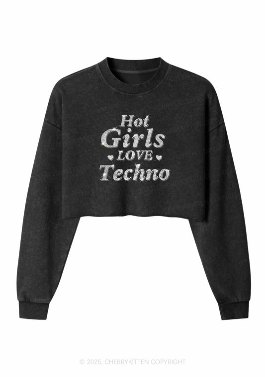 Rhinestone Hot Girls Love Techno Y2K Crop Washed Sweatshirts Cherrykitten