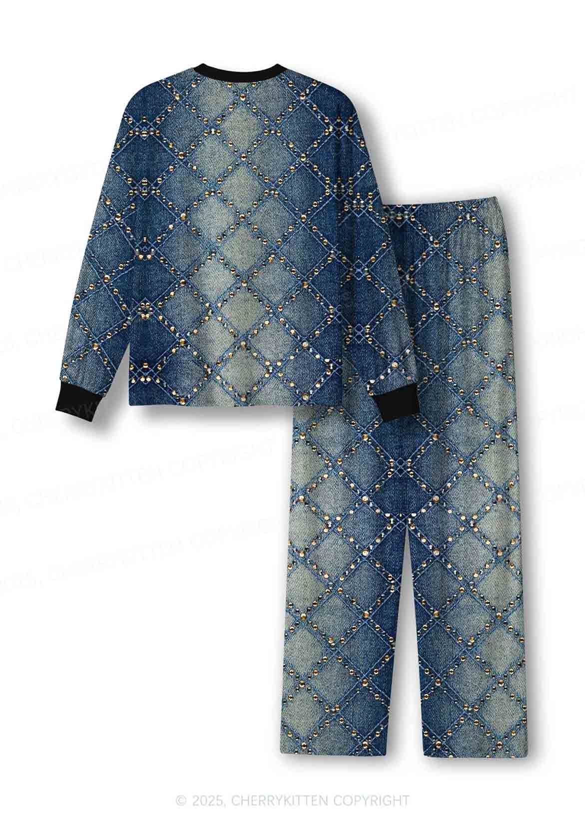 Denim Sparkle Y2K Print Long Sleeve Pajama Set Cherrykitten