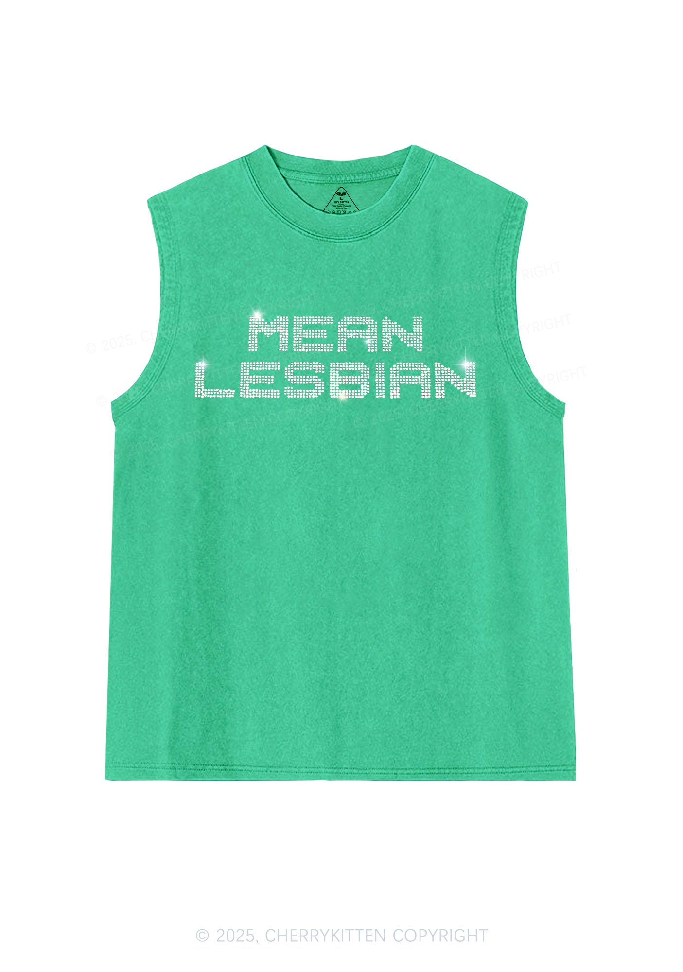 Rhinestone Mean Lesbian Pride Y2K Washed Muscle Tank Cherrykitten