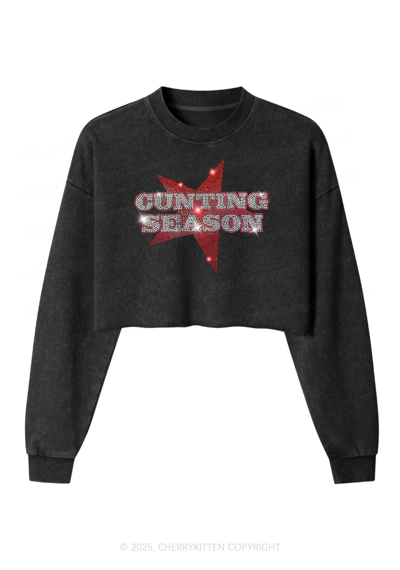 Rhinestone Cunting Season Y2K Crop Washed Sweatshirts Cherrykitten
