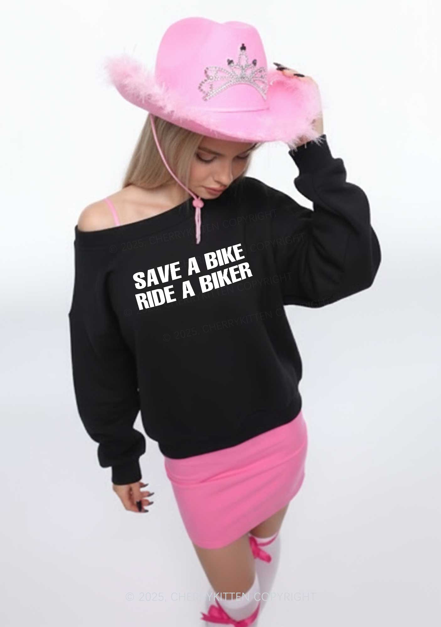 Save Bike Ride Biker Y2K Off Shoulder Sweatshirts Cherrykitten