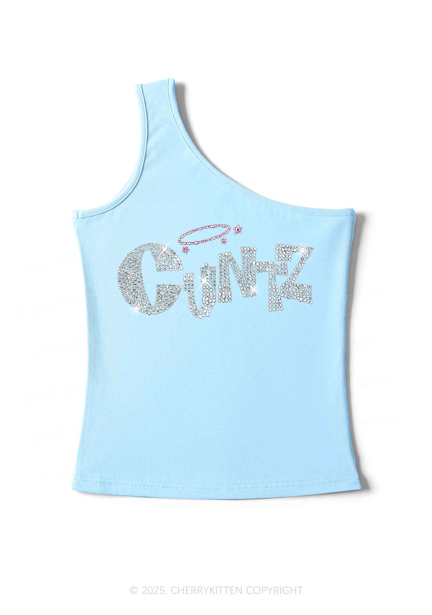 Rhinestone Cxntz Y2K One Shoulder Tank Top Cherrykitten