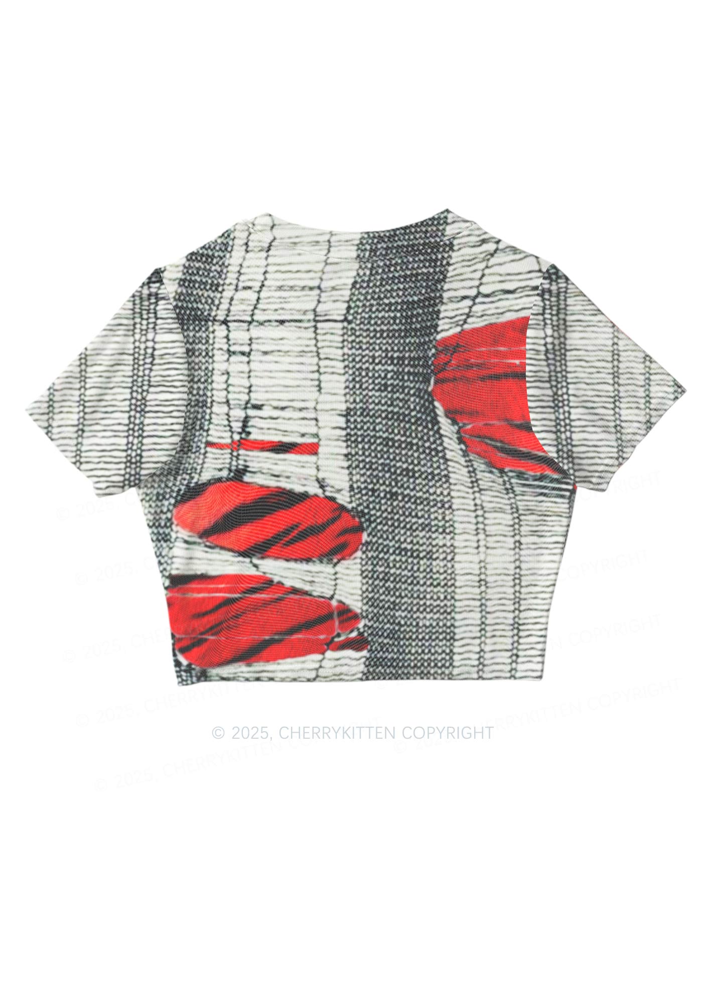 Tiger Striped Red Block Y2K Mesh Crop Top Cherrykitten
