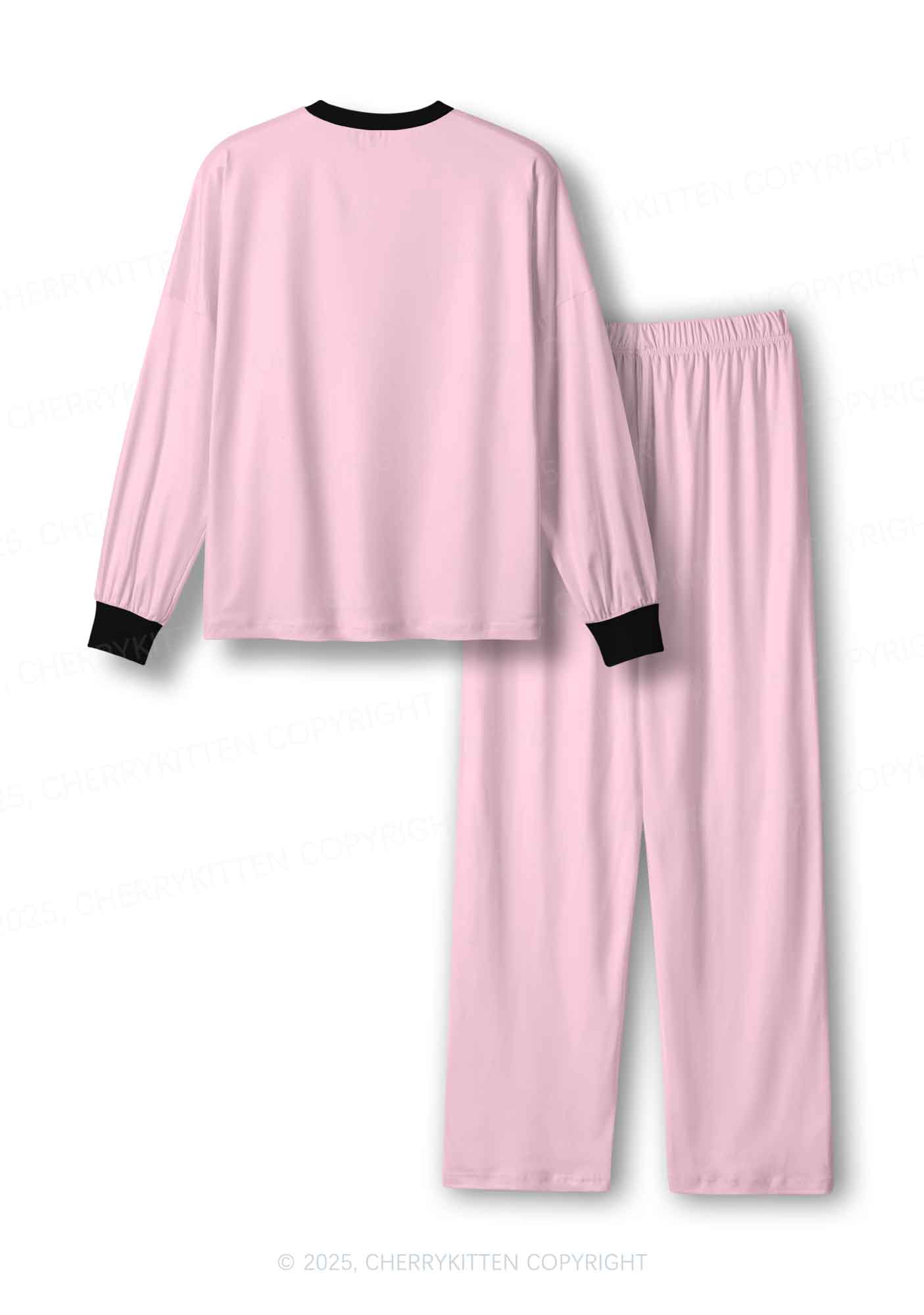 Plain Light Pink Y2K Print Long Sleeve Pajama Set Cherrykitten