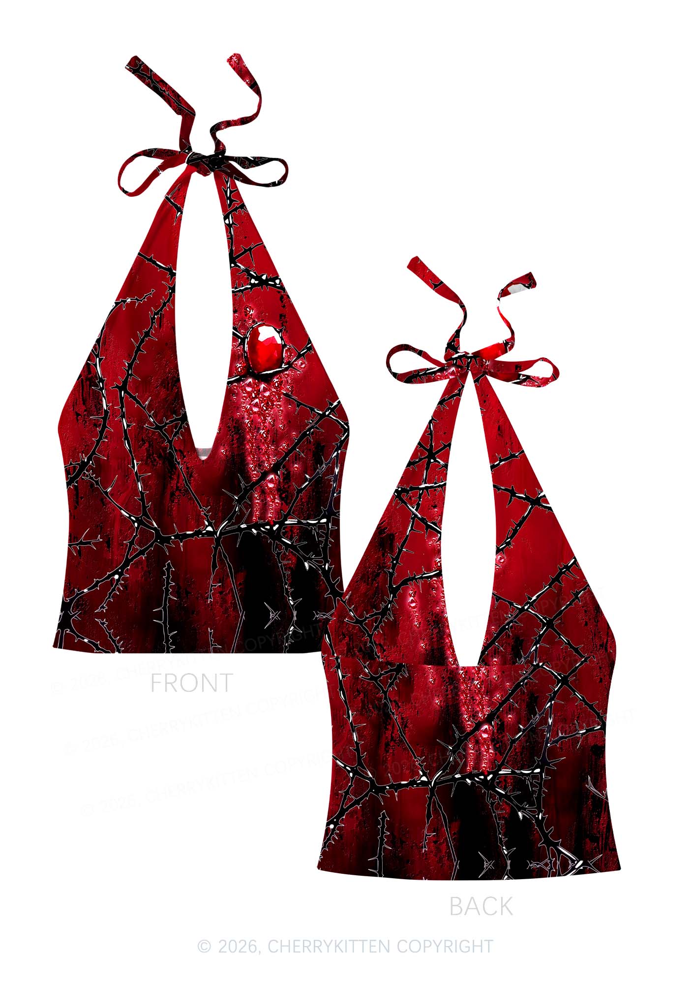 Thorned Ruby Y2K Print Halter Deep V Neck Cami Cherrykitten