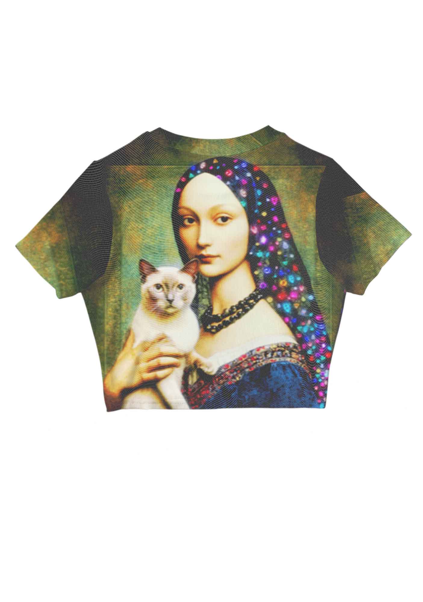 Renaissance Lady With Cat Y2K Mesh Crop Top Cherrykitten