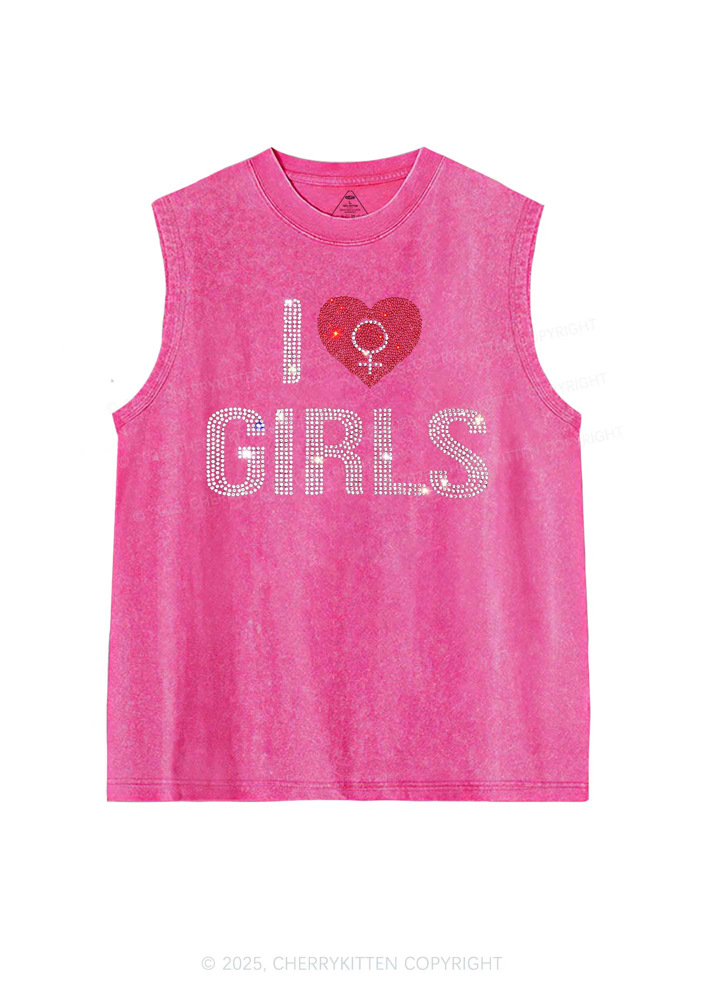 Rhinestone I Love Girls Pride Y2K Washed Muscle Tank Cherrykitten