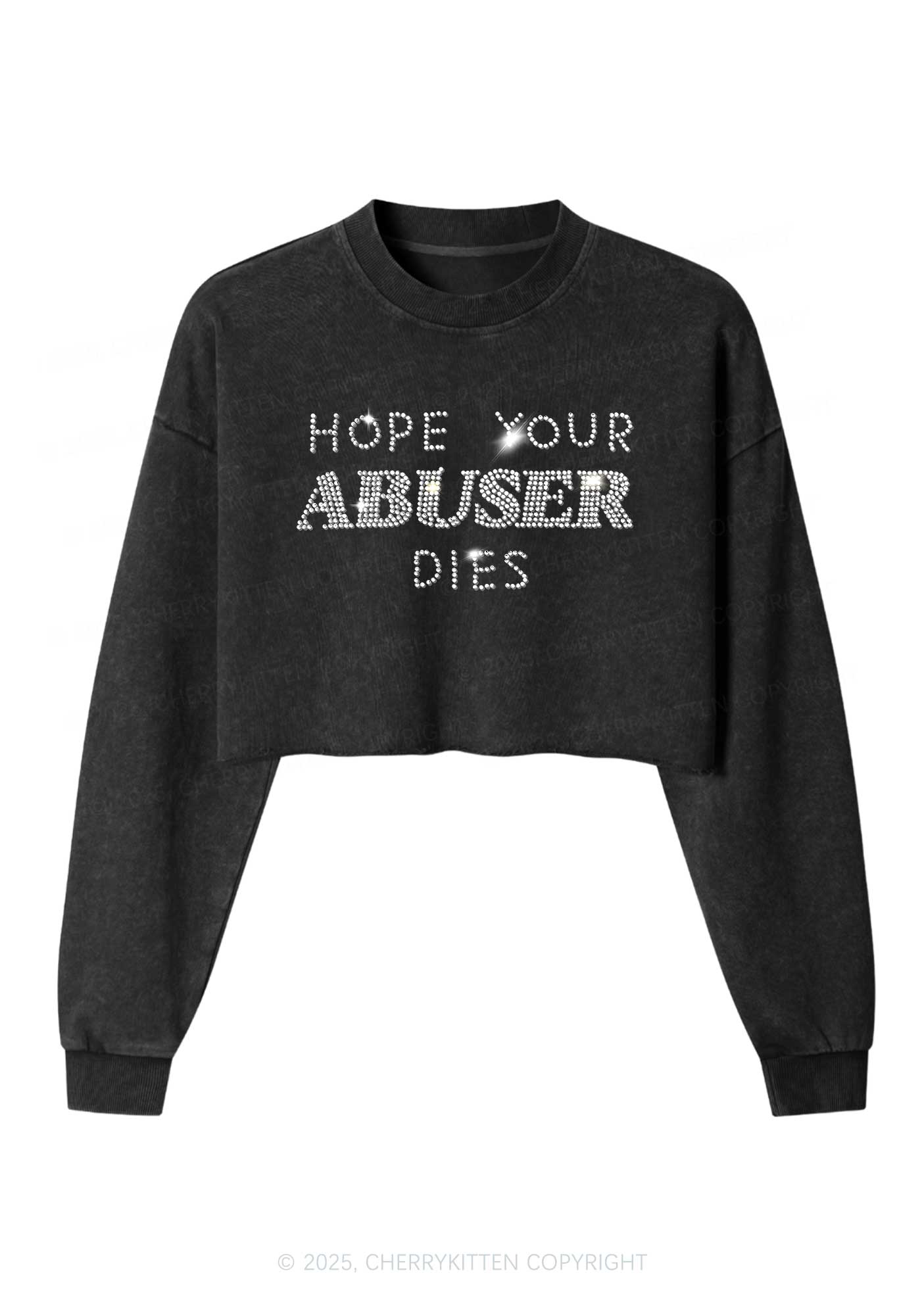 Rhinestone Abuser Dies Y2K Crop Washed Sweatshirts Cherrykitten
