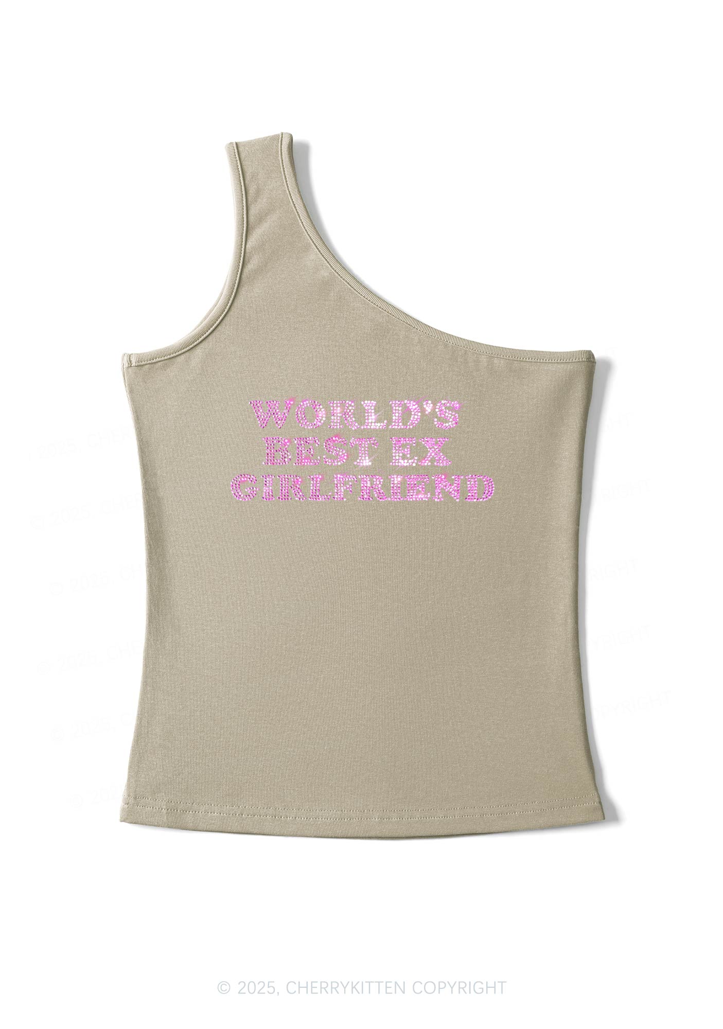 Rhinestone Best Ex Girlfriend Y2K One Shoulder Tank Top Cherrykitten