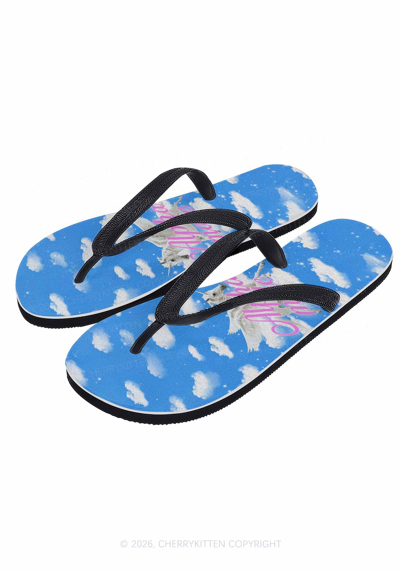 Blue Sky Alpha Male Unicorn Y2K Print Flip Flops Cherrykitten