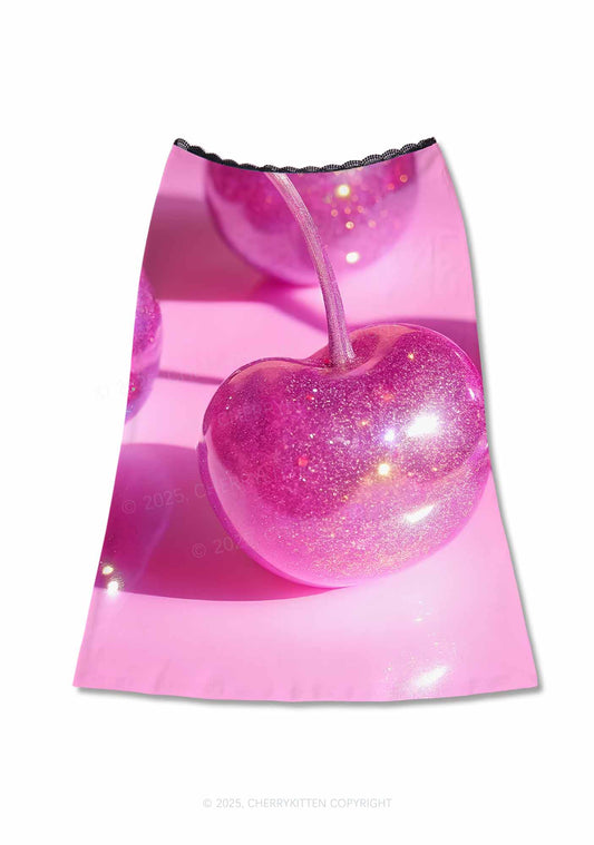 Glitter Pink Cherry Y2K Print Midi Skirt Cherrykitten