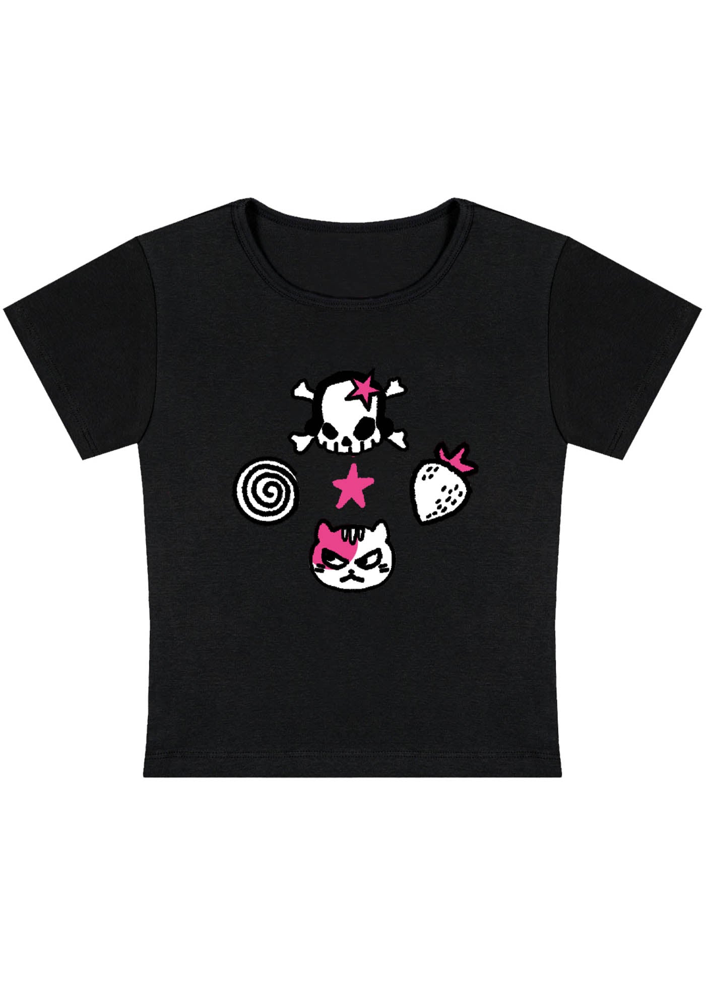 Curvy Skull Strawberry Cat Stars Baby Tee