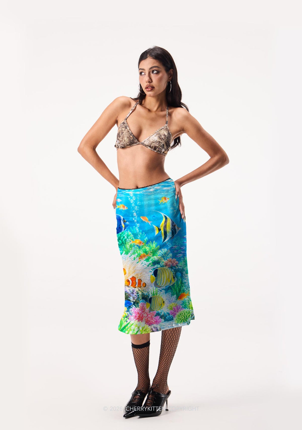 Ocean Fish Y2K Print Midi Skirt Cherrykitten