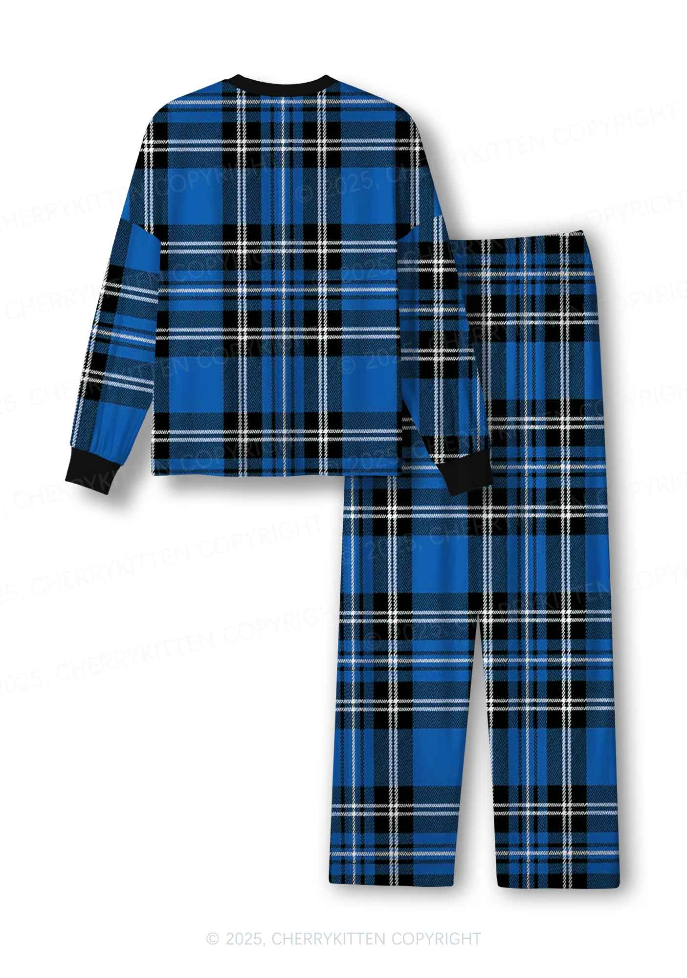 Blue Plaid Y2K Print Long Sleeve Pajama Set Cherrykitten