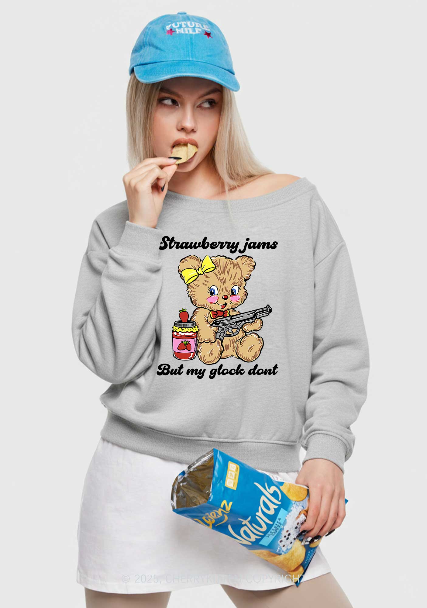 Strawberry Jams Bear Y2K Off Shoulder Sweatshirts Cherrykitten