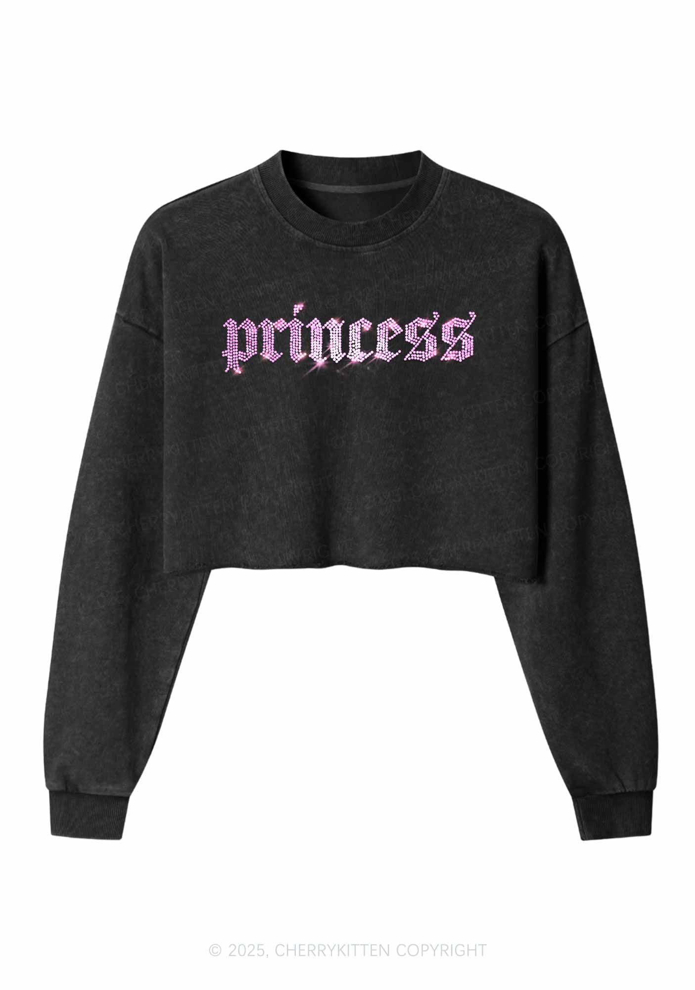 Rhinestone Princess Y2K Crop Washed Sweatshirts Cherrykitten