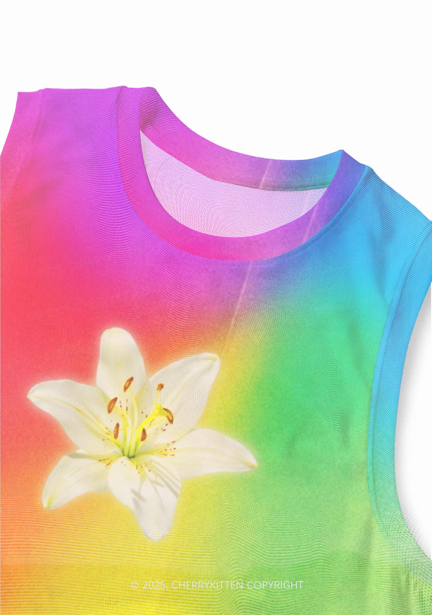 Lily in Rainbow Pride Y2K Mesh Muscle Tank Cherrykitten