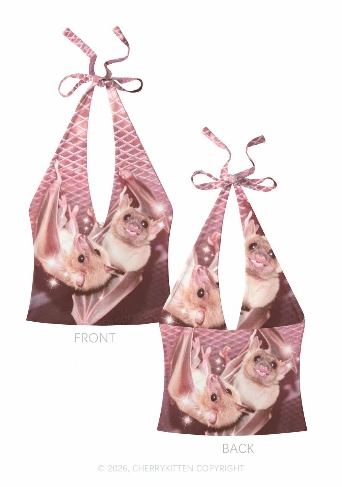 Halloween Two Baby Bats Y2K Print Halter Deep V Neck Cami Cherrykitten