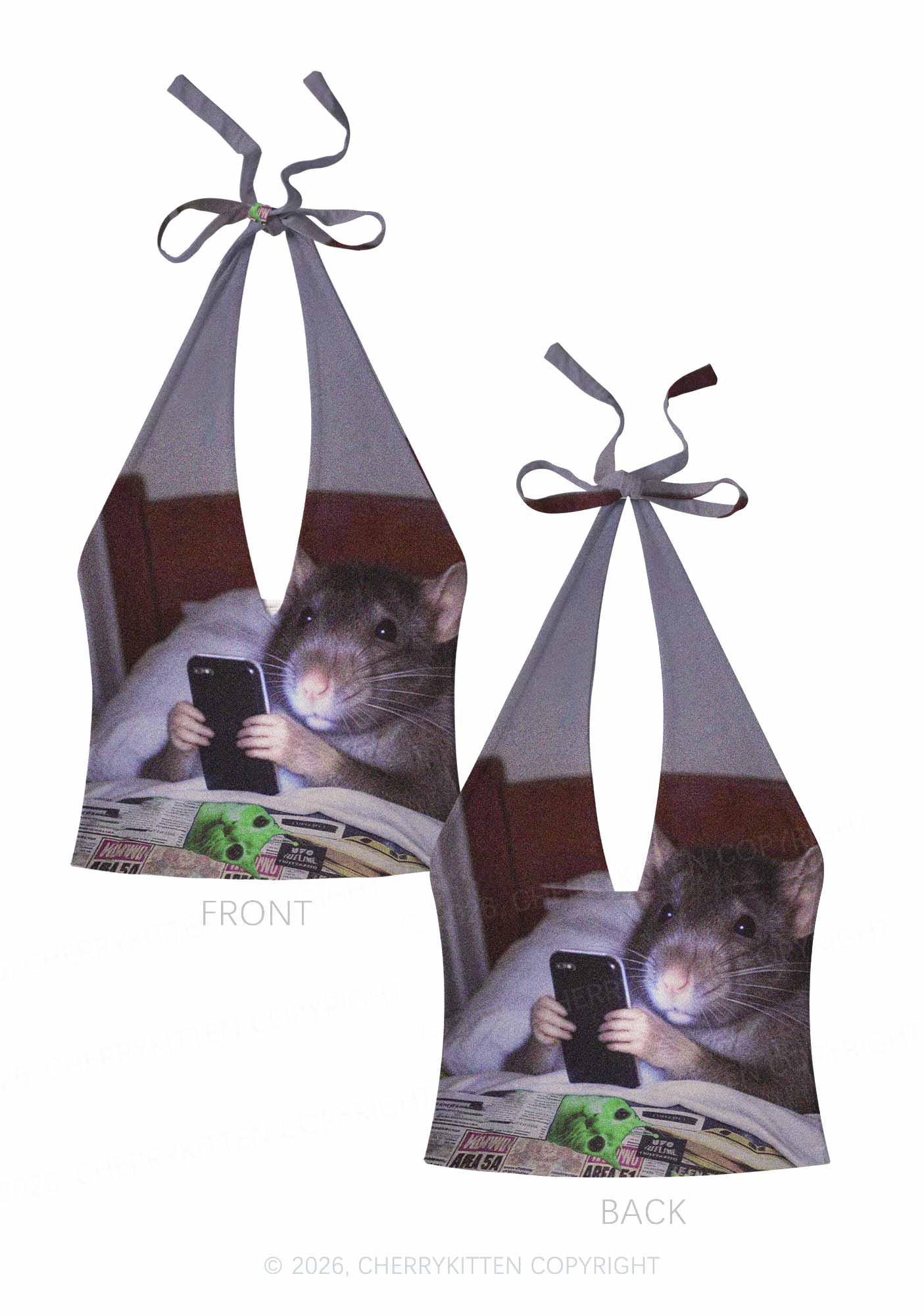 Bed Rat Smartphone Y2K Print Halter Deep V Neck Cami Cherrykitten