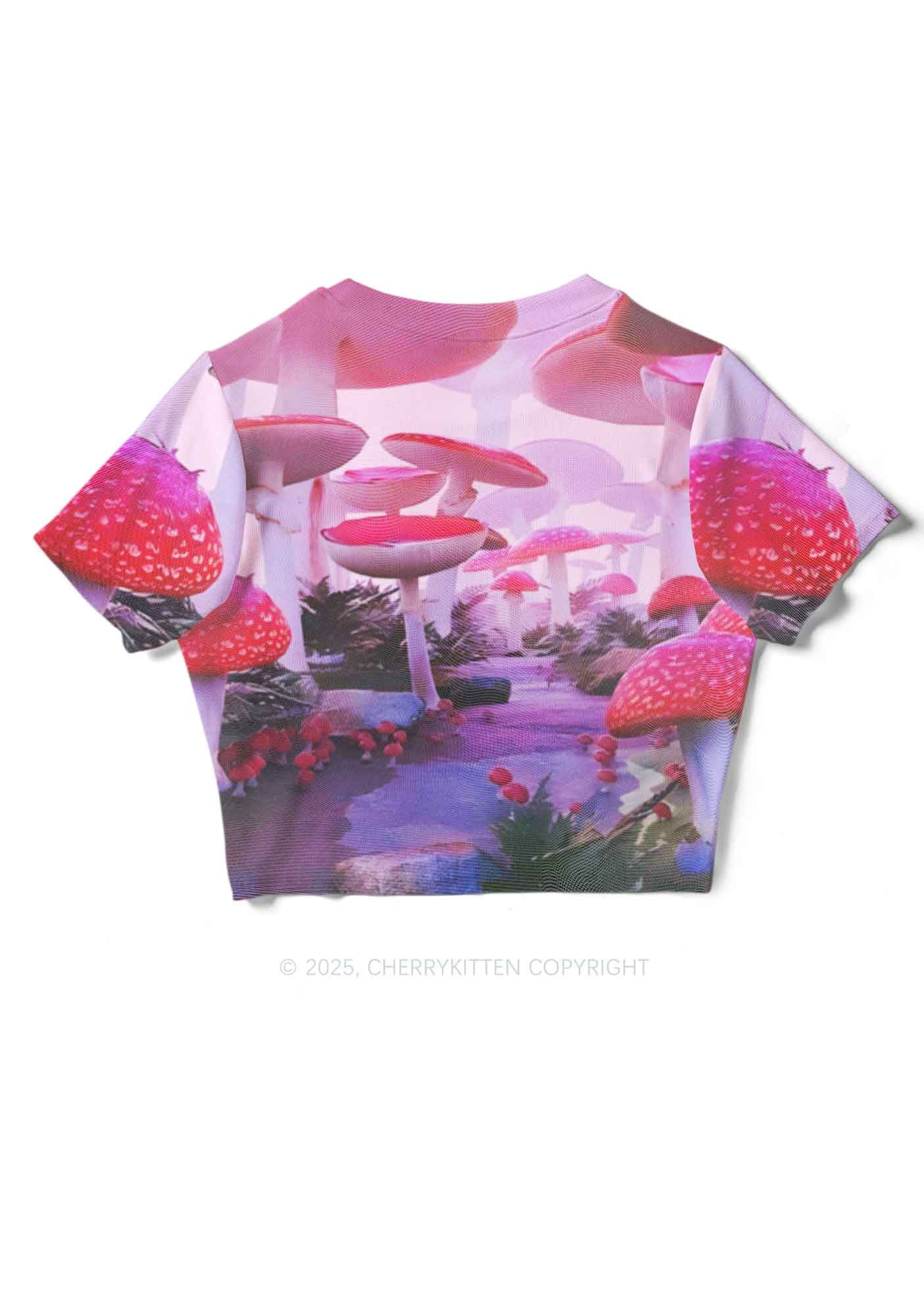 Pink Mushroom Y2K Mesh Crop Top Cherrykitten