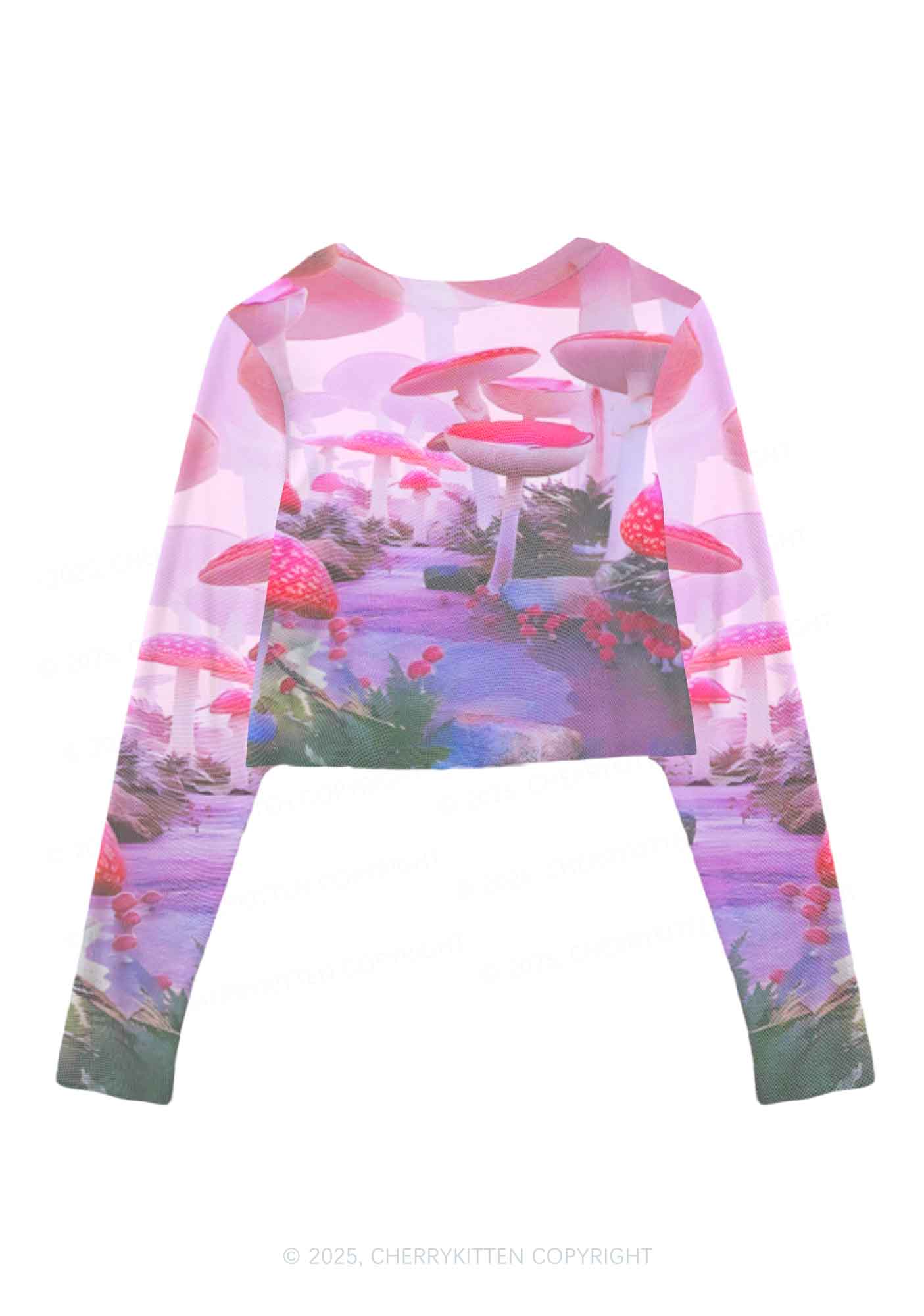 Pink Mushroom Y2K Mesh Long Sleeve Crop Top Cherrykitten