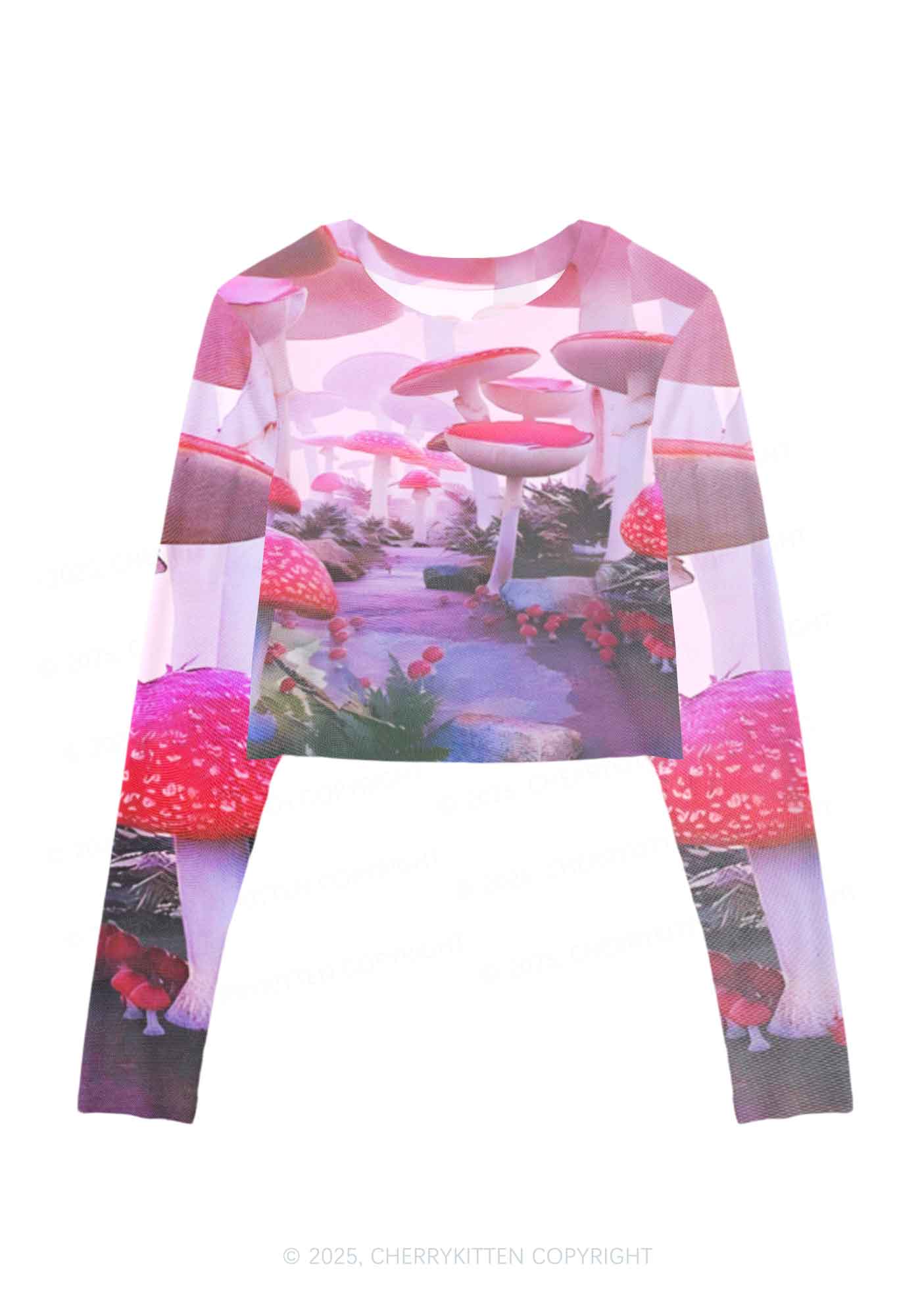 Pink Mushroom Y2K Mesh Long Sleeve Crop Top Cherrykitten
