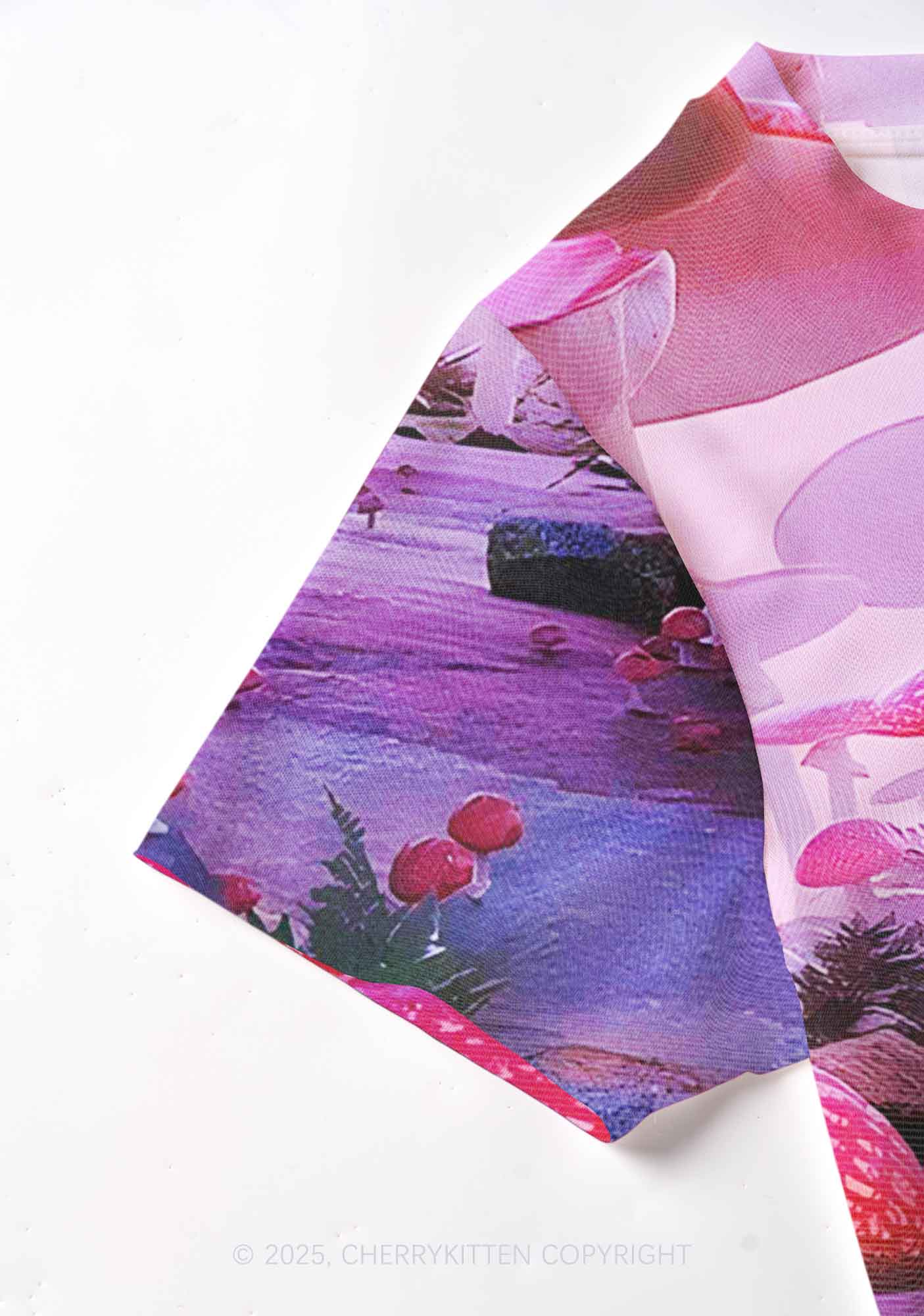 Pink Mushroom Y2K Mesh Crop Top Cherrykitten