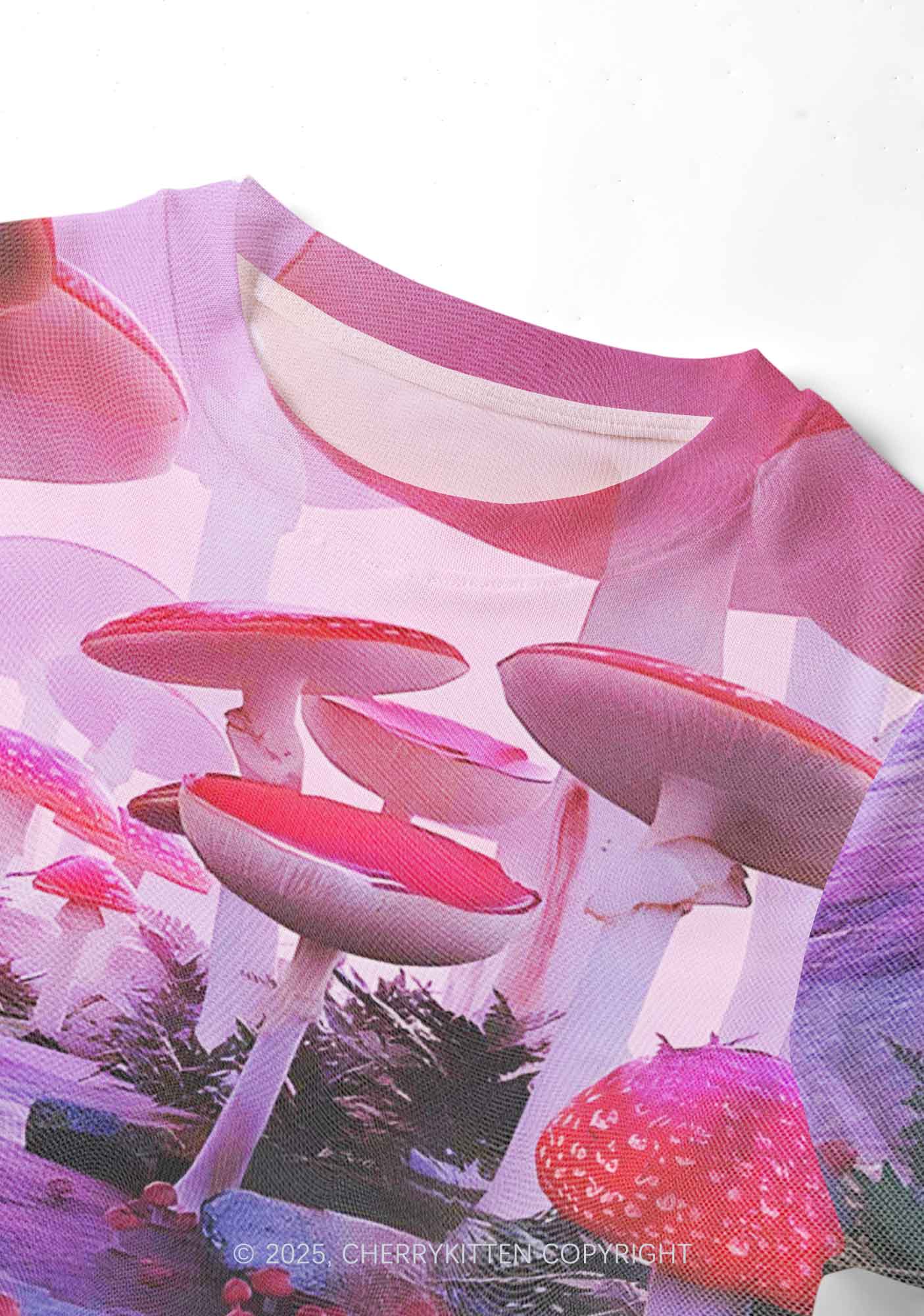 Pink Mushroom Y2K Mesh Crop Top Cherrykitten