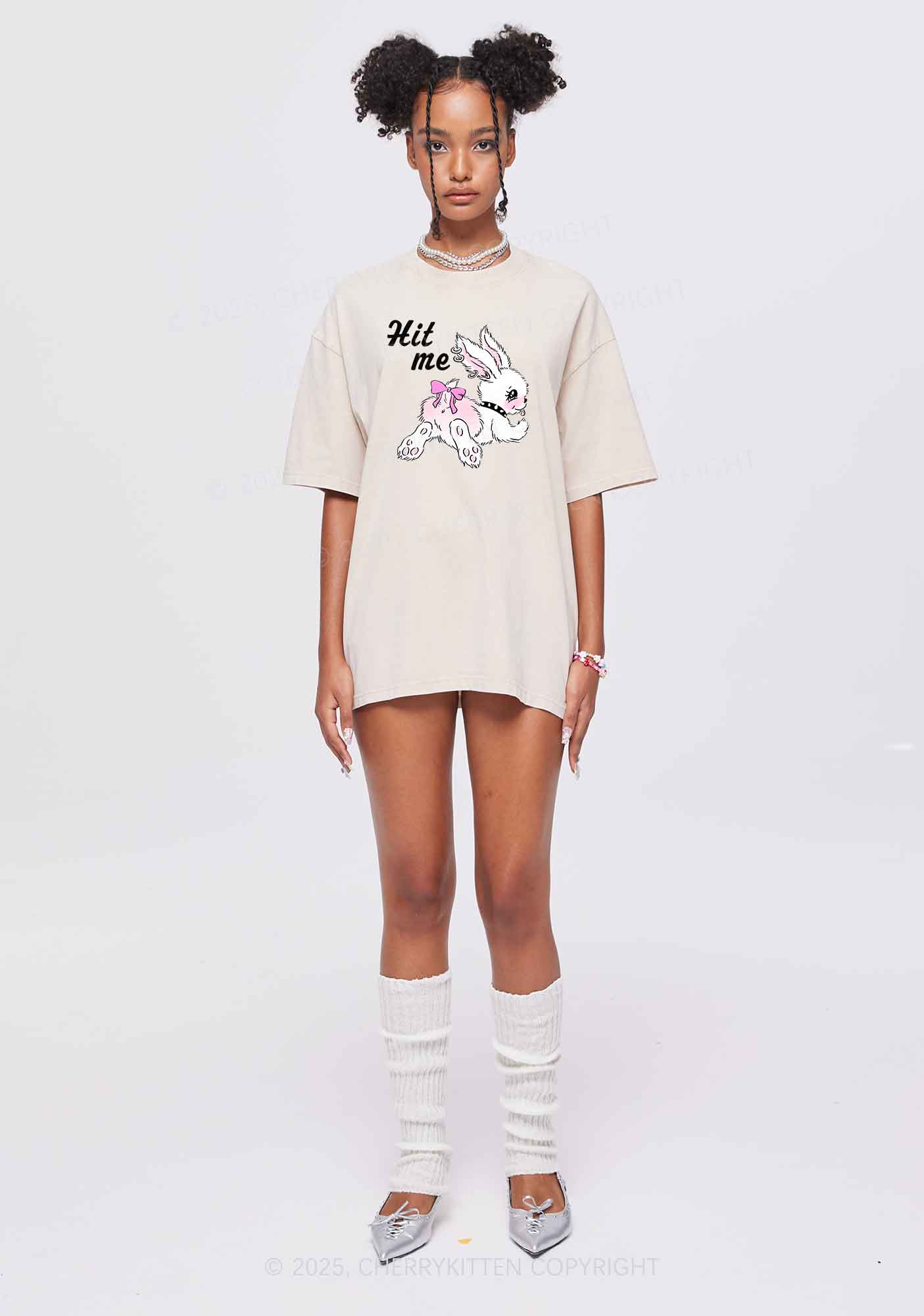 Hit Me White Bunny Y2K Shirts Washed Tee Cherrykitten