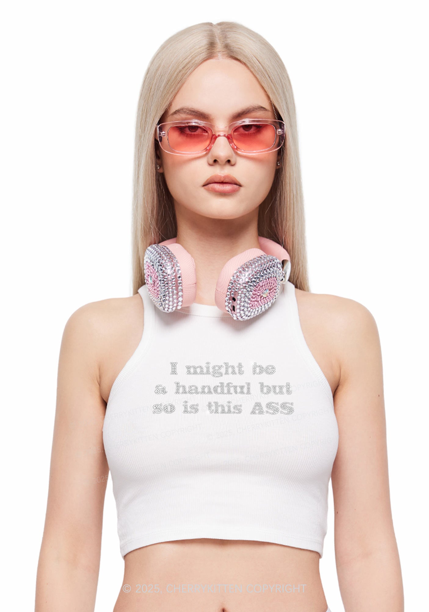 Rhinestone I Might Be Handful Y2K Crop Tank Top Cherrykitten