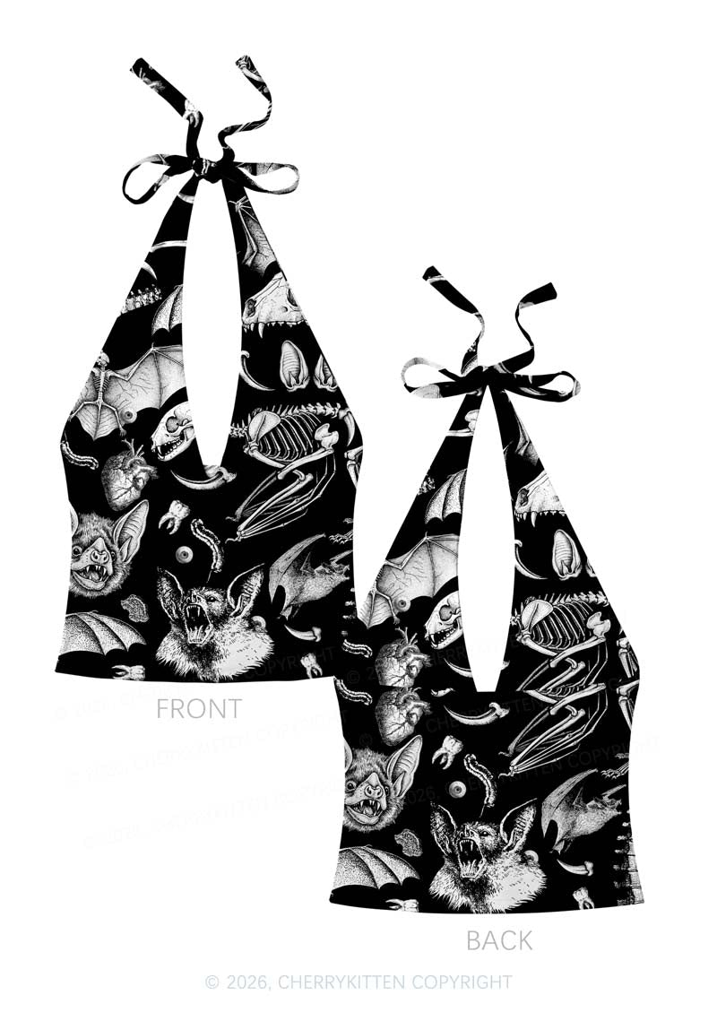 Halloween Goth Animal Bone Skull Y2K Print Halter Deep V Neck Cami Cherrykitten