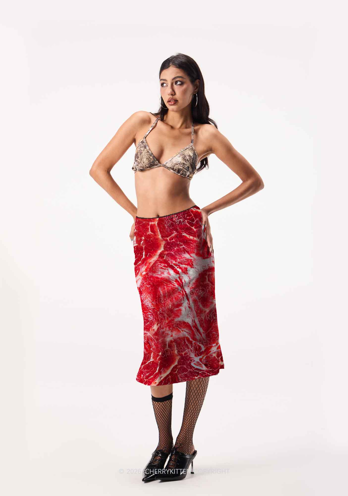 Beef Steak Texture Y2K Print Midi Skirt Cherrykitten