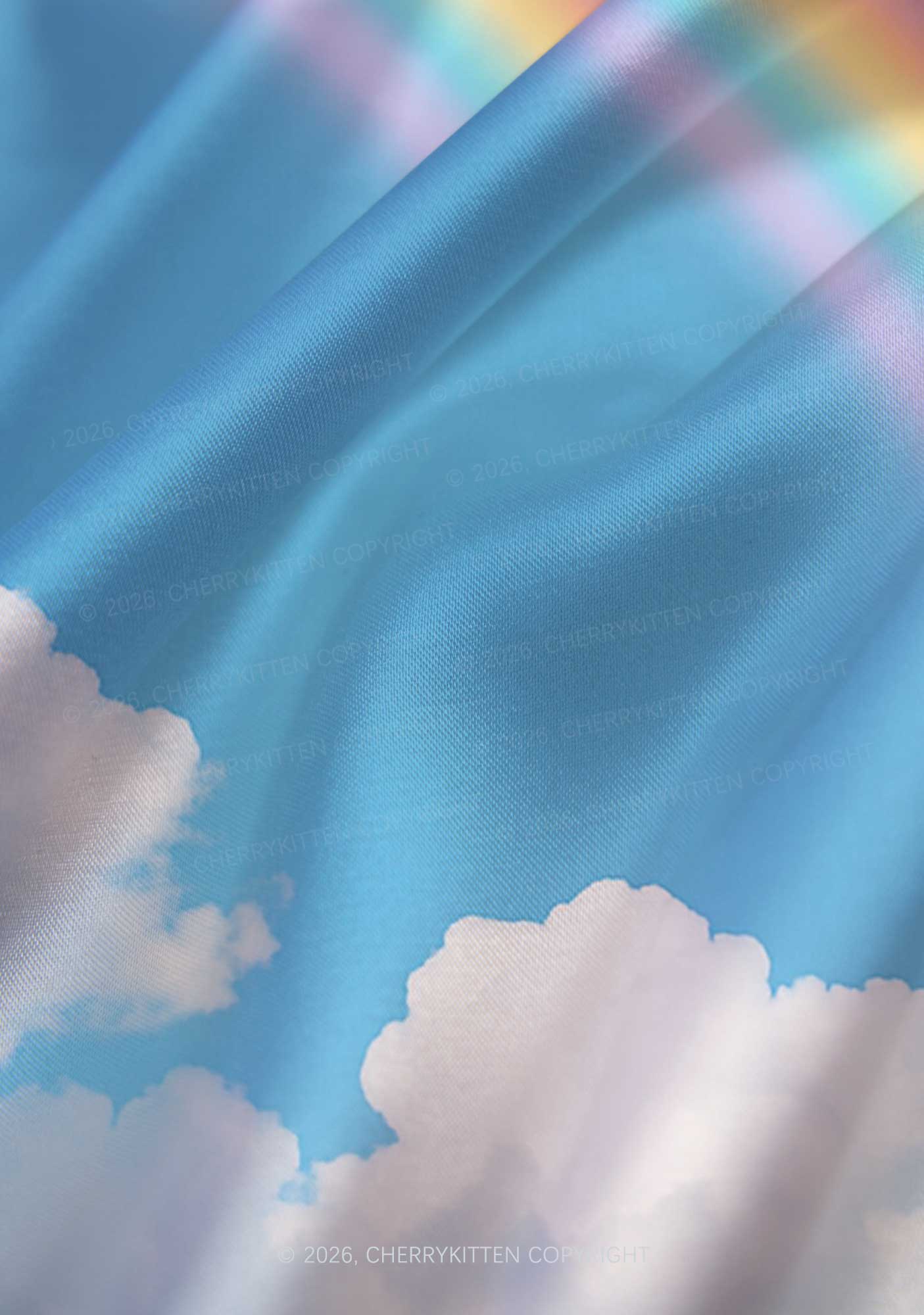 Blue Sky Rainbow Y2K Print Satin Cowl Neck Slip Dress Cherrykitten