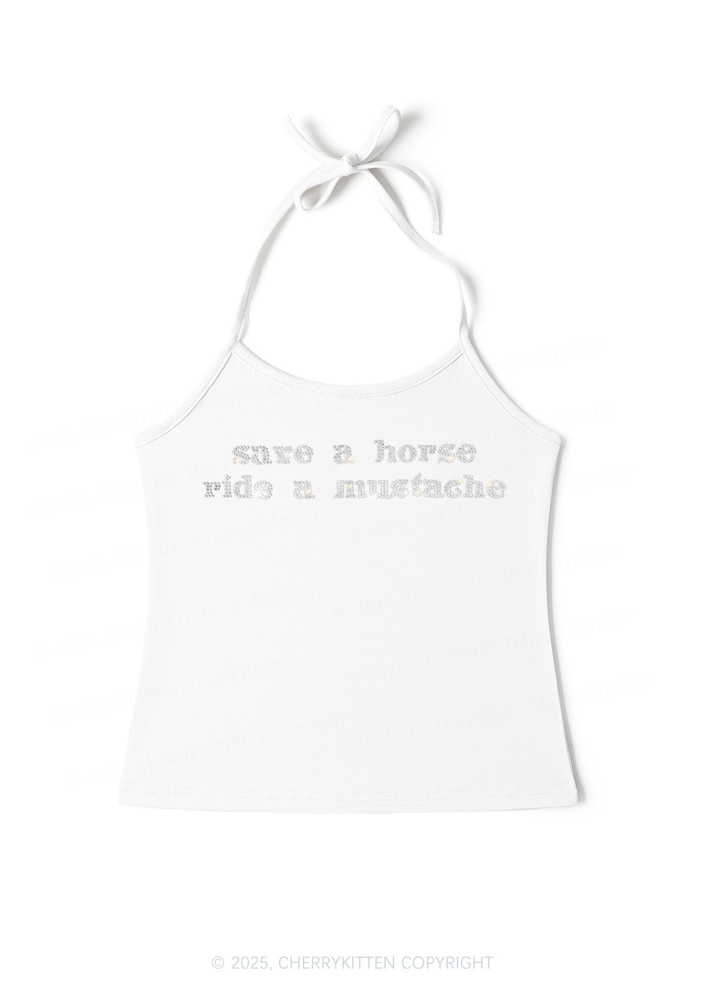 Rhinestone Ride A Mustache Y2K Halter Neck Cami Cherrykitten