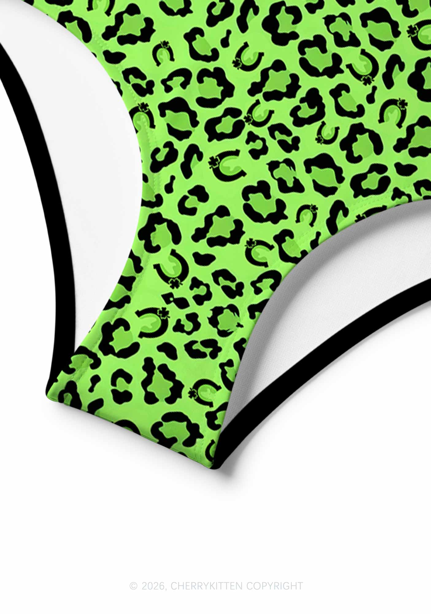 Fluorescent Green Leopard St Patricks Y2K Print Bikini Set Cherrykitten
