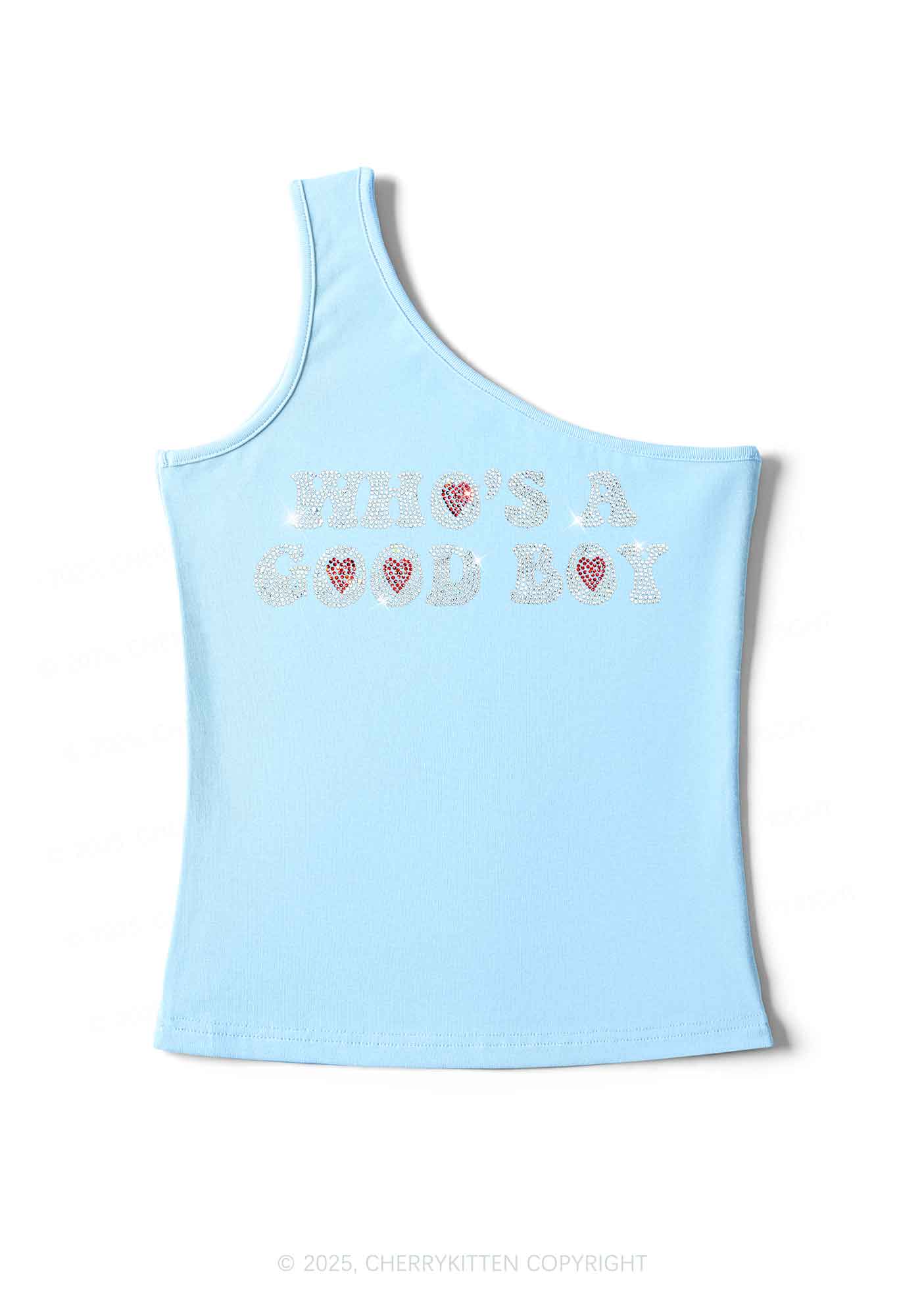 Rhinestone Whos A Good Boy Y2K One Shoulder Tank Top Cherrykitten
