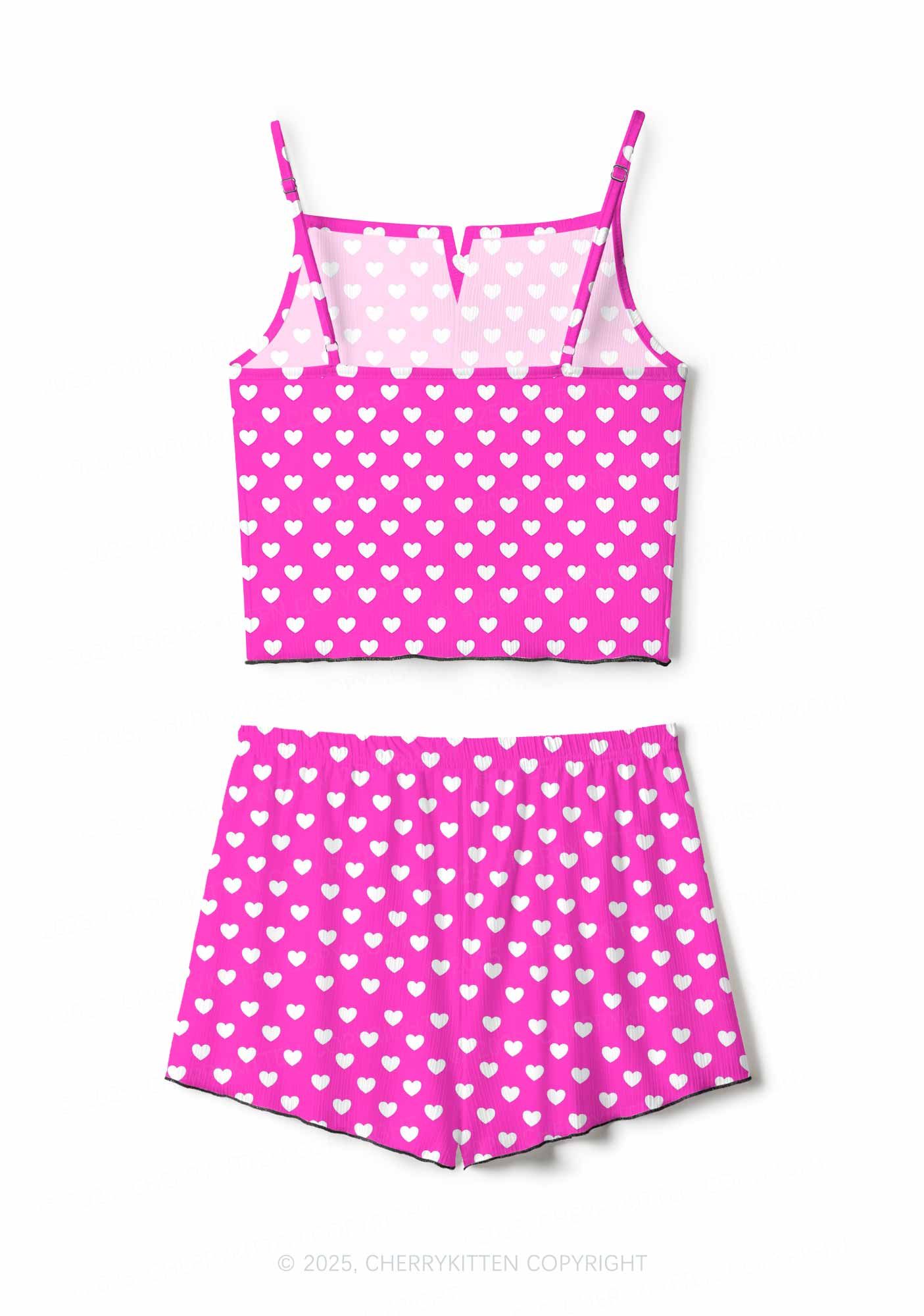 White Heart On Pink Valentine's Day Y2K Print Cami Shorts Pajama Set Cherrykitten
