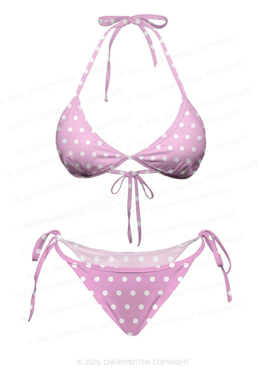Pink And White Dots Y2K Print Bikini Set Cherrykitten