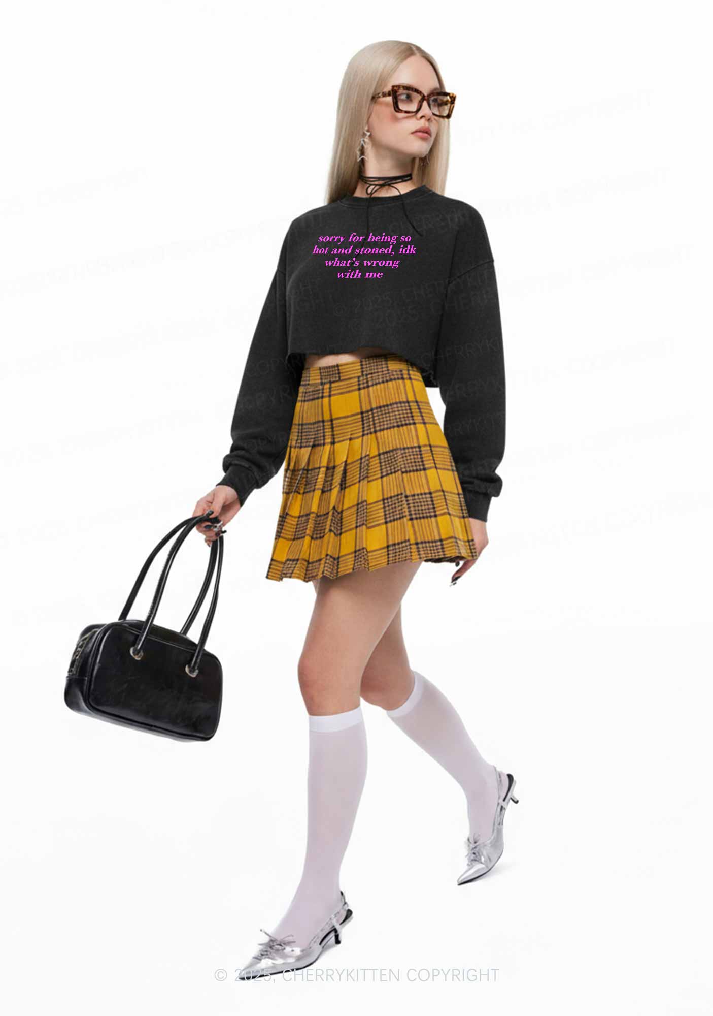 Sorry For Being Hot And Stoned Y2K Crop Washed Sweatshirts Cherrykitten