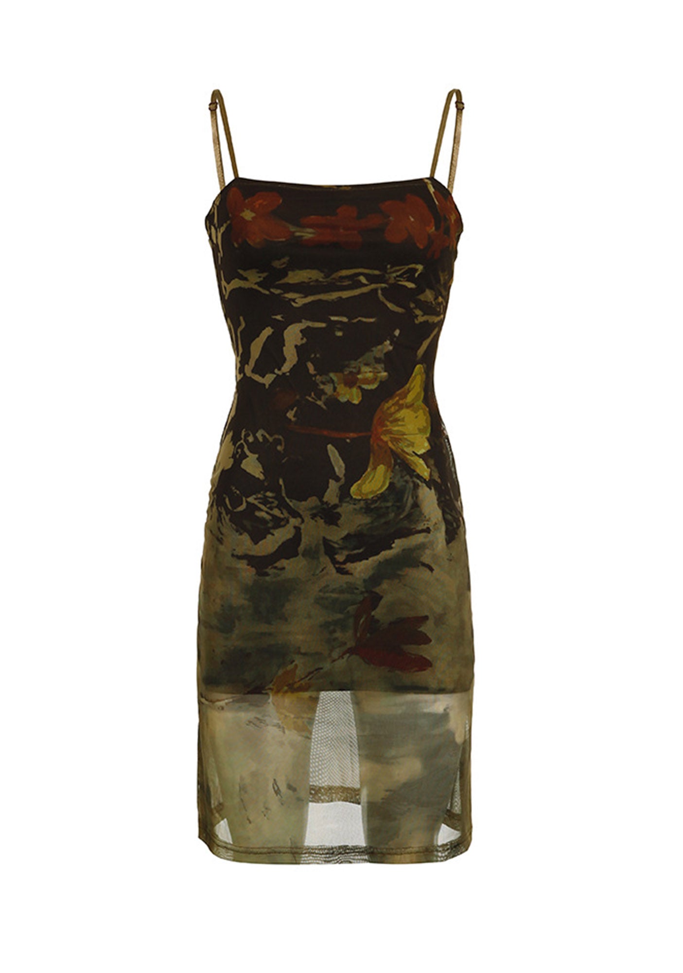 Retro Floral Printed Mesh Double Layer Paneled Slip Dress