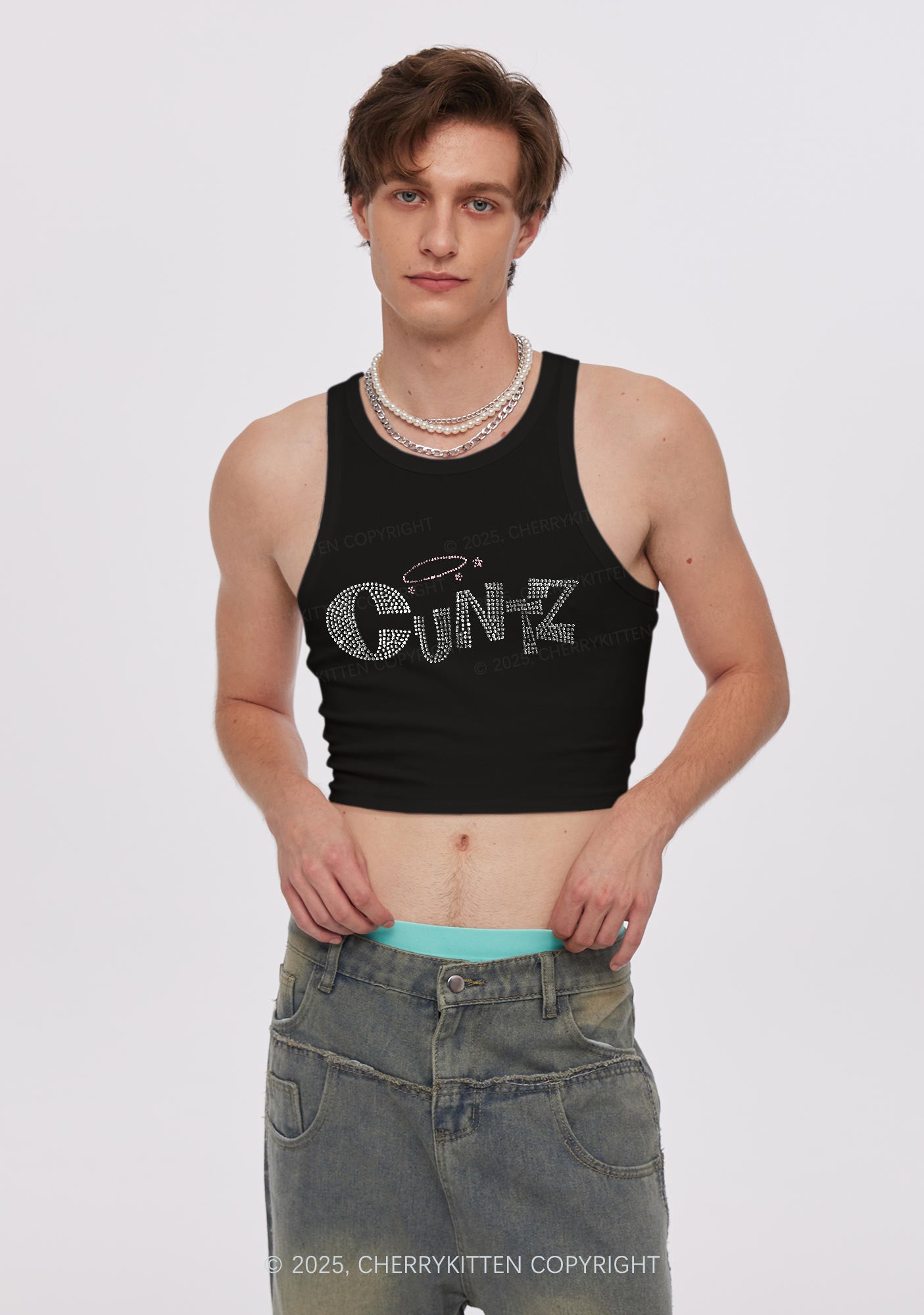Rhinestone Cxntz Y2K Crop Tank Top Cherrykitten