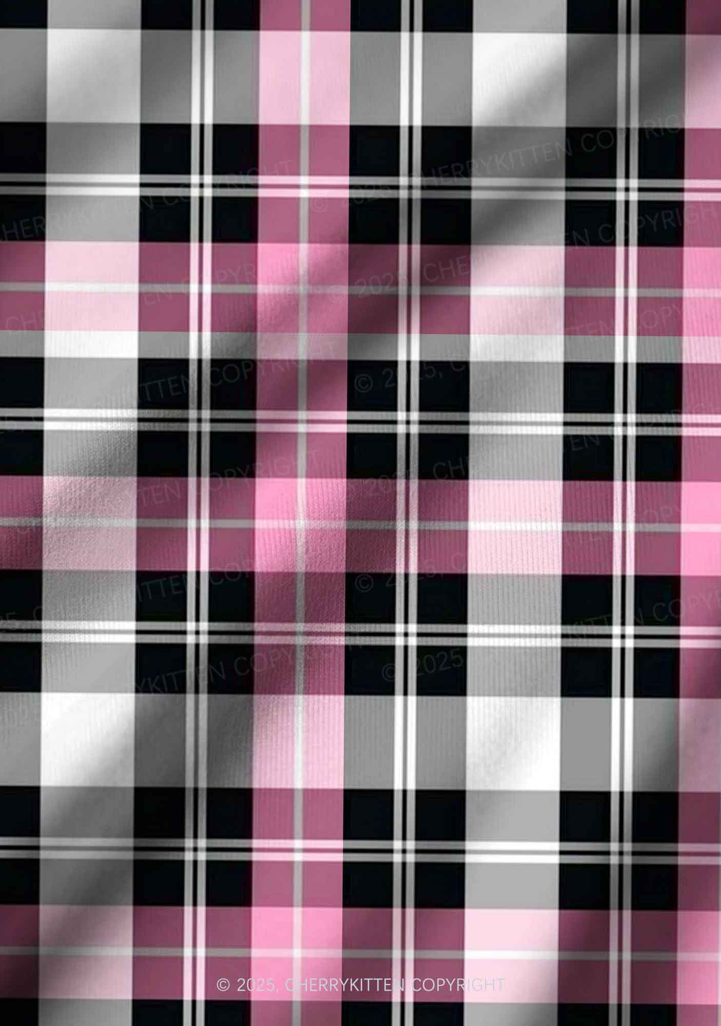 Pink And White Plaid Y2K Print Long Sleeve Pajama Set Cherrykitten